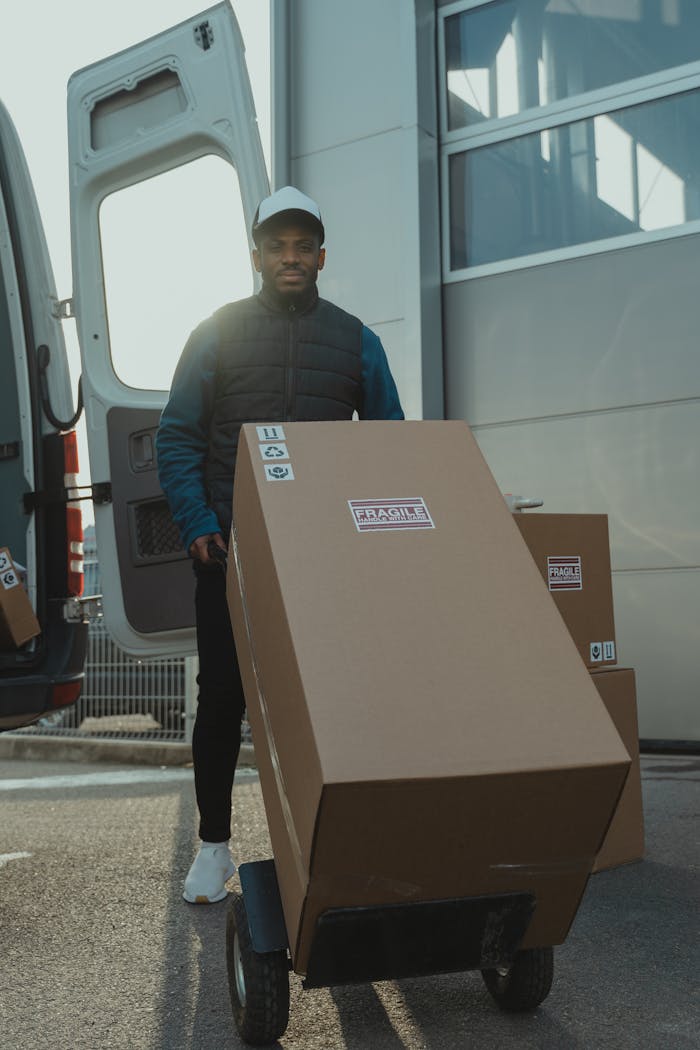 services-02 A delivery man moving cardboard boxes with a trolley outside in daylight.